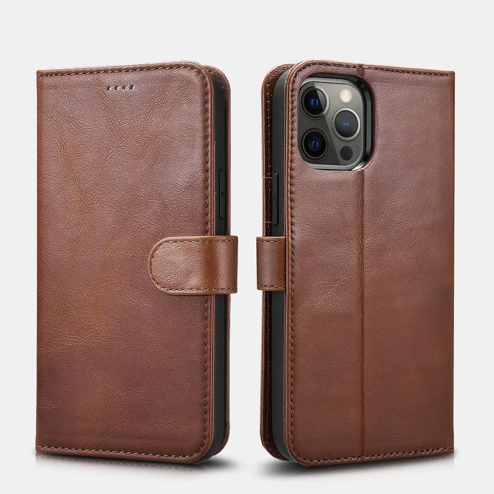 iCarer iPhone 12/12 Pro – vera pelle Crazy Horse marrone 2-in-1 con RFID