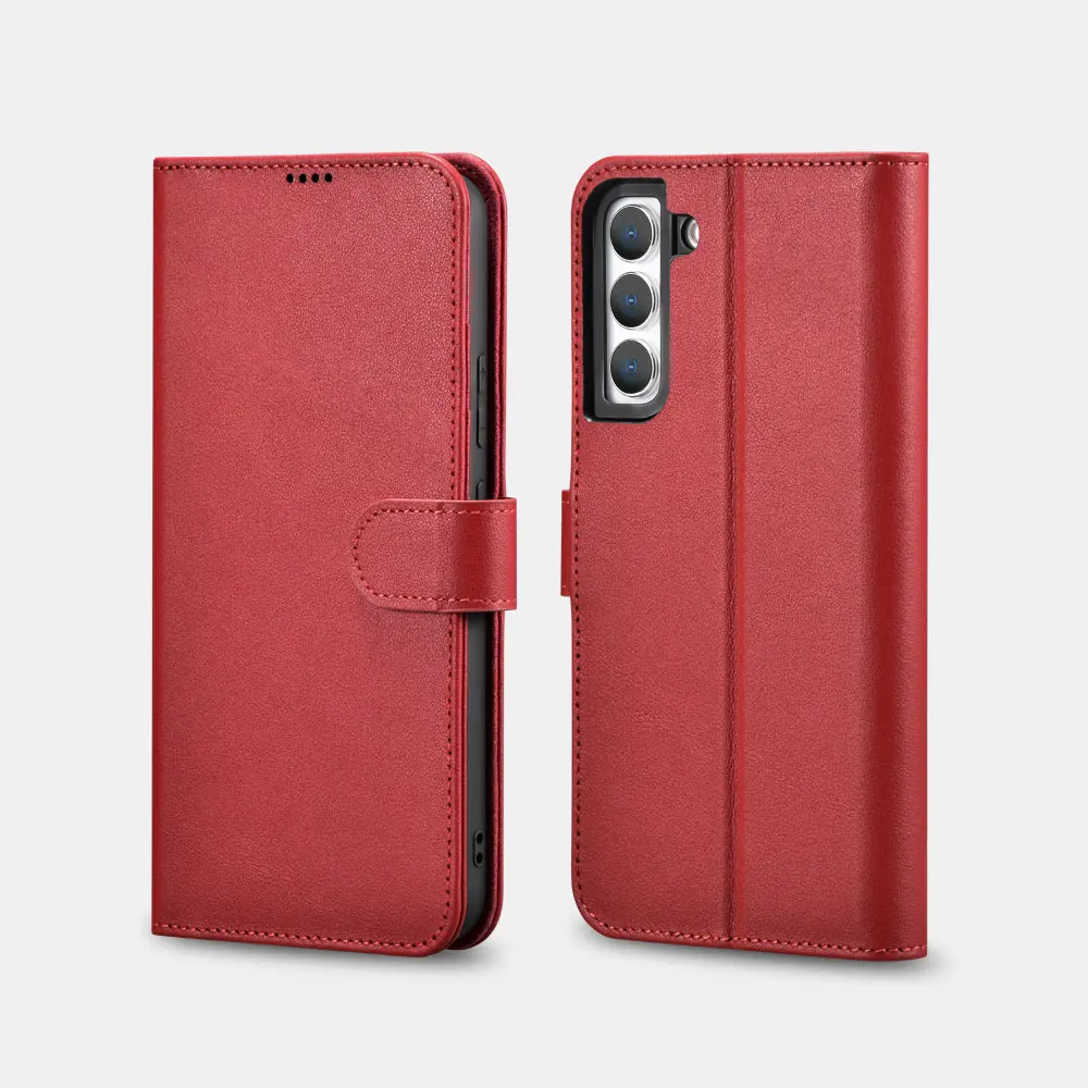 iCarer Samsung S22+ Housse en cuir véritable pour livre à clapet rouge