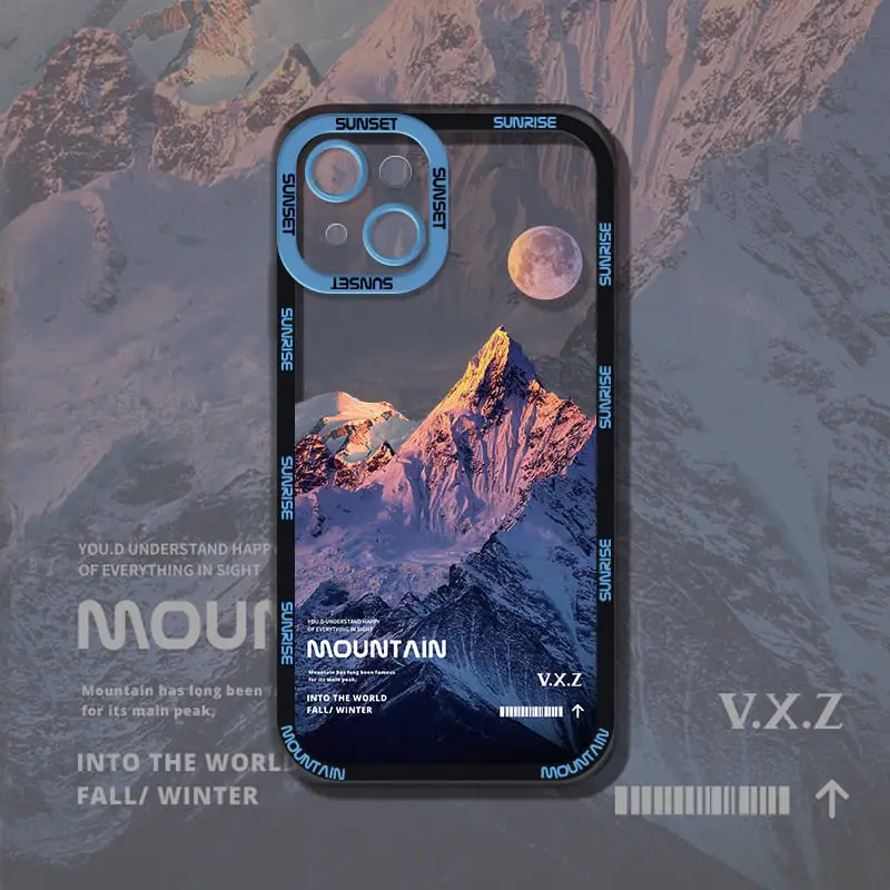 iPhone 12 - Fondello Mountain Sunrise con panorama invernale e luna, V.X.Z Design, blu