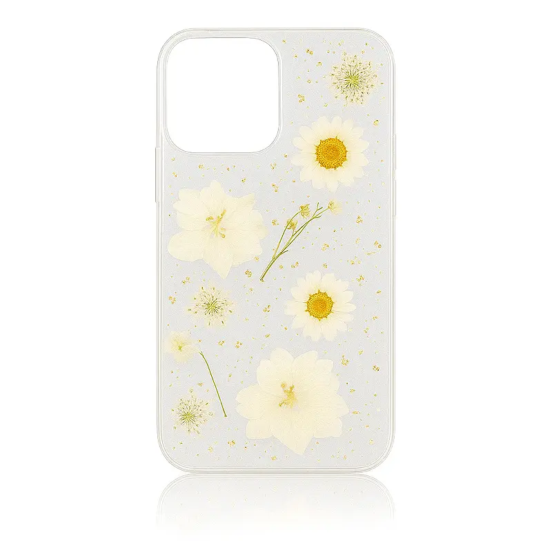 iPhone 13/14/15 - étui avec vraies fleurs et accents dorés, blanc