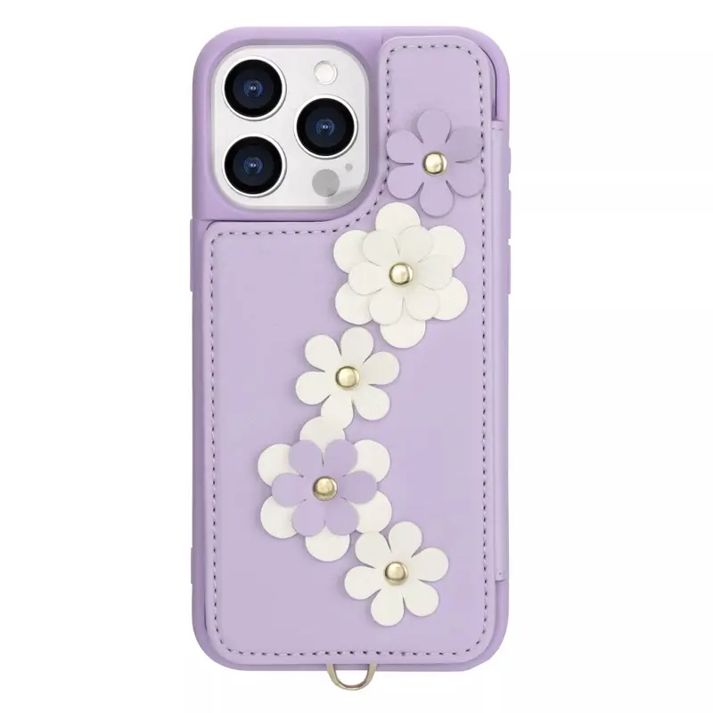 iPhone 13/14 - Flower Case mit Kartenfächern & Handstrap, Violett
