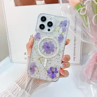 iPhone 13/14 - MagSafe case with real flowers and gold accents, purple – Bild 2
