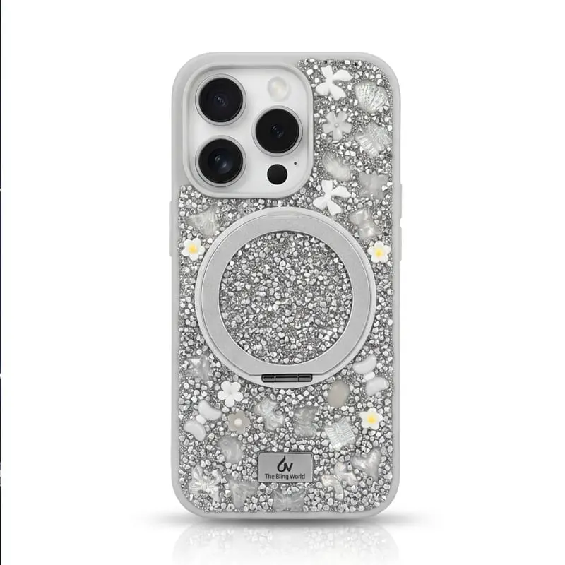 iPhone 14 - Custodia MagSafe glitterata TheBlingWorld con supporto ad anello e strass, argento