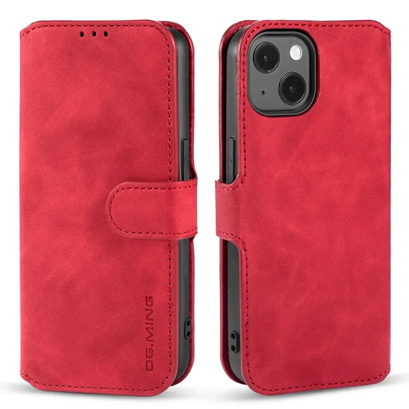 iPhone 14 - DG.MING Custodia flip vintage con 3 scomparti per carte di credito e chiusura magnetica, look pelle, custodia protettiva, rosso