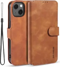 iPhone 14 - DG.MING étui flip vintage, 3 compartiments pour cartes, fermeture magnétique, aspect cuir, marron – Bild 2