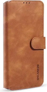 iPhone 14 - DG.MING étui flip vintage, 3 compartiments pour cartes, fermeture magnétique, aspect cuir, marron – Bild 4