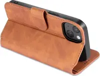 iPhone 14 - DG.MING étui flip vintage, 3 compartiments pour cartes, fermeture magnétique, aspect cuir, marron – Bild 7