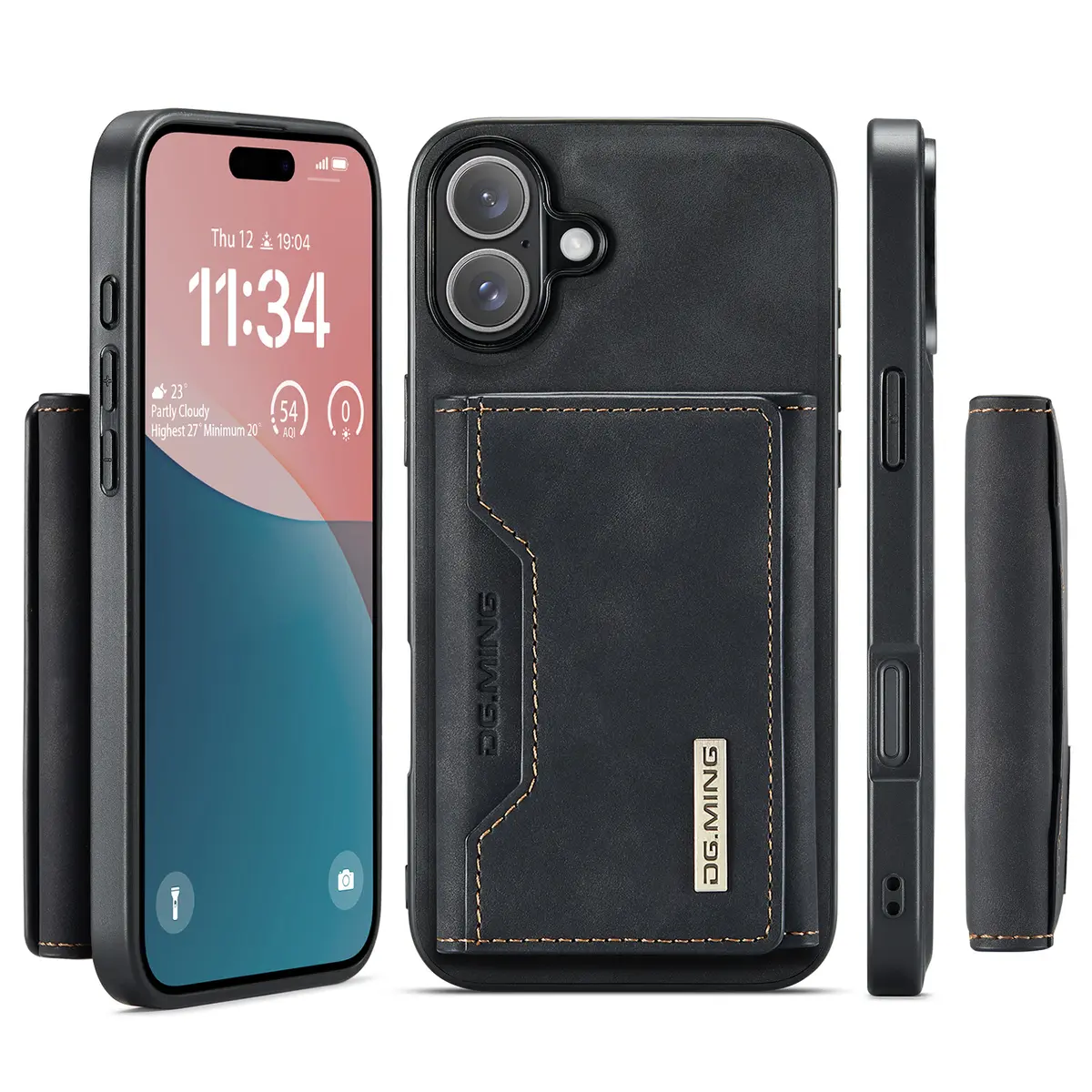 iPhone 14 - DG.MING Etui, Leder-Optik, Kartenfach & Magnetverschluss, Schwarz