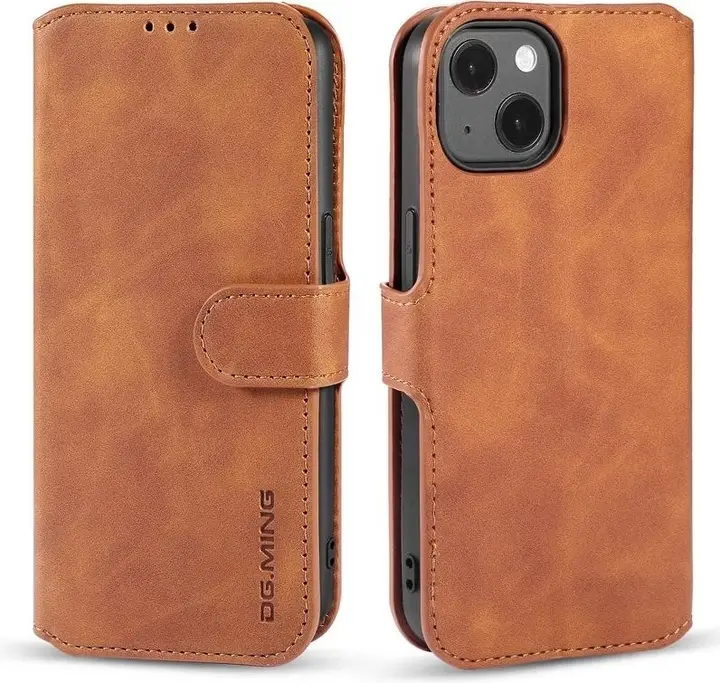 iPhone 14 - DG.MING Vintage Flip Case, 3 card slots, magnetic closure, leather look, brown