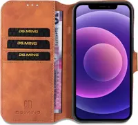iPhone 14 - DG.MING Vintage Flip Case, 3 Kartenfächer, Magnetverschluss, Leder-Optik, Braun – Bild 6