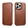 iPhone 14 - iCarer Oil Wax Premium Genuine Leather Folio brown back with Magsafe (AKI14220705-BN)