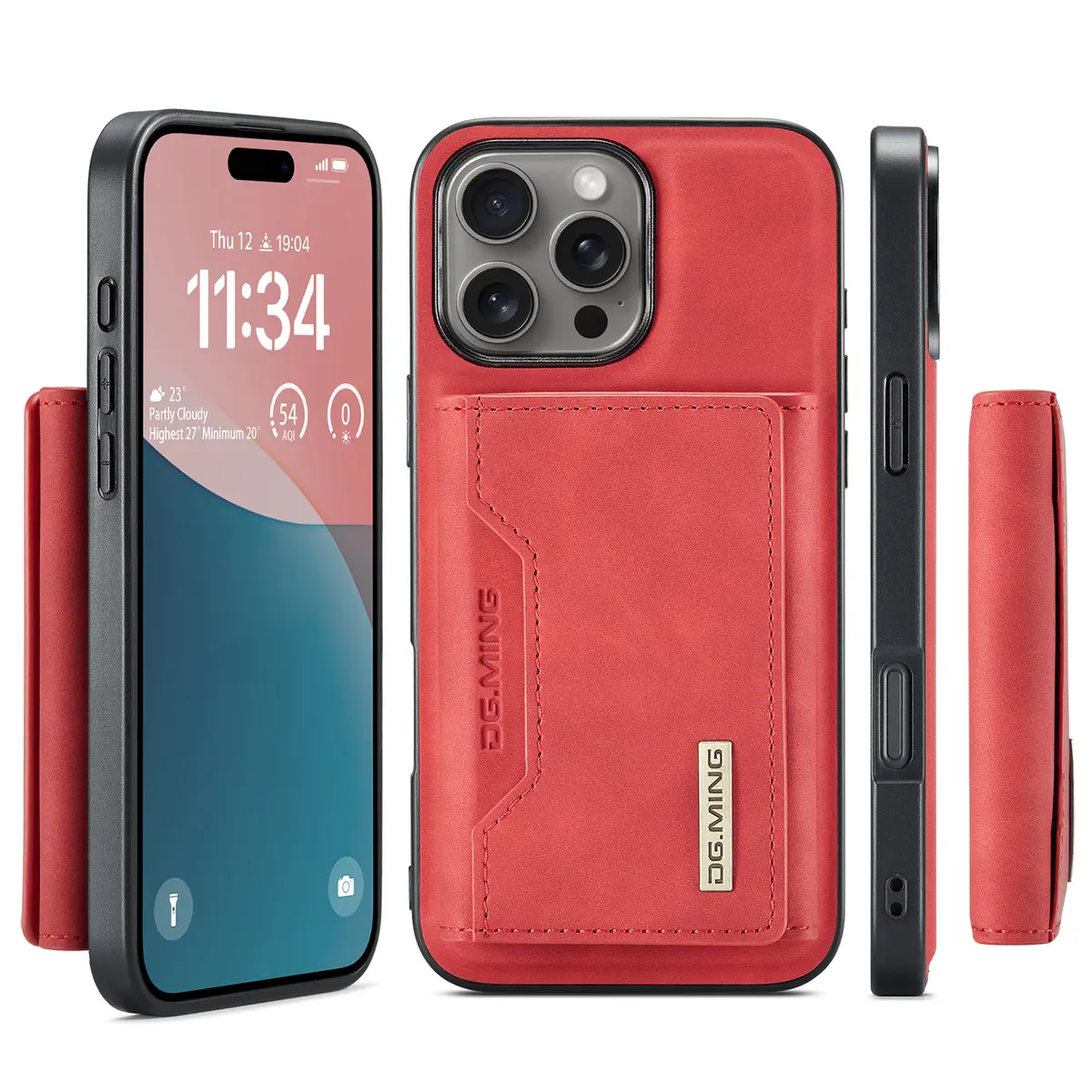 iPhone 14 Pro - DG.MING Back Case, leather look, card slots & magnetic closure, protective case, red