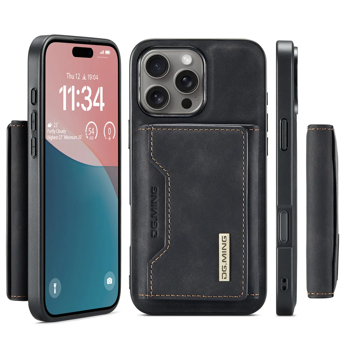 iPhone 14 Pro - DG.MING Etui, Leder-Optik, Kartenfach & Magnetverschluss, Schwarz