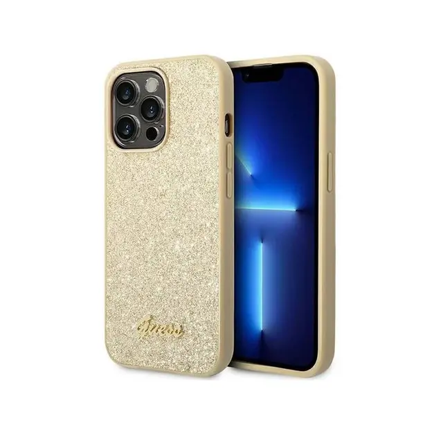 iPhone 14 Pro Max - Coque Guess TPU Glitter Metal Logo, Or GUHCP14XHGGSHD