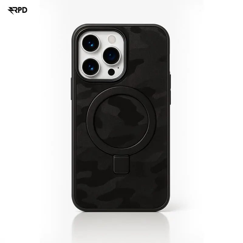 iPhone 15 Pro Max - Camouflage Magsafe Case with integrated ring holder & stand function, black