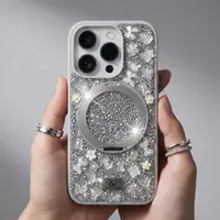 iPhone 16 - Custodia MagSafe glitterata TheBlingWorld con supporto ad anello e strass, argento – Bild 3