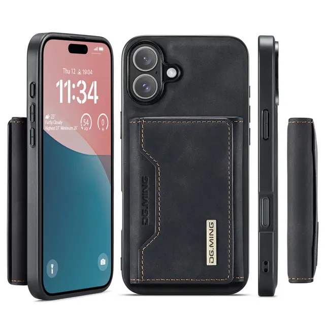 iPhone 16 - DG.MING Etui, Leder-Optik, Kartenfach & Magnetverschluss, Schwarz