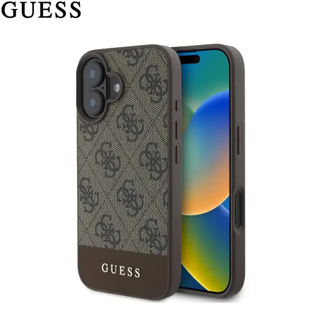 iPhone 16 - Guess PU 4G Bottom Stripe Metal Logo Case (GUHCP16SG4GLBR), Braun