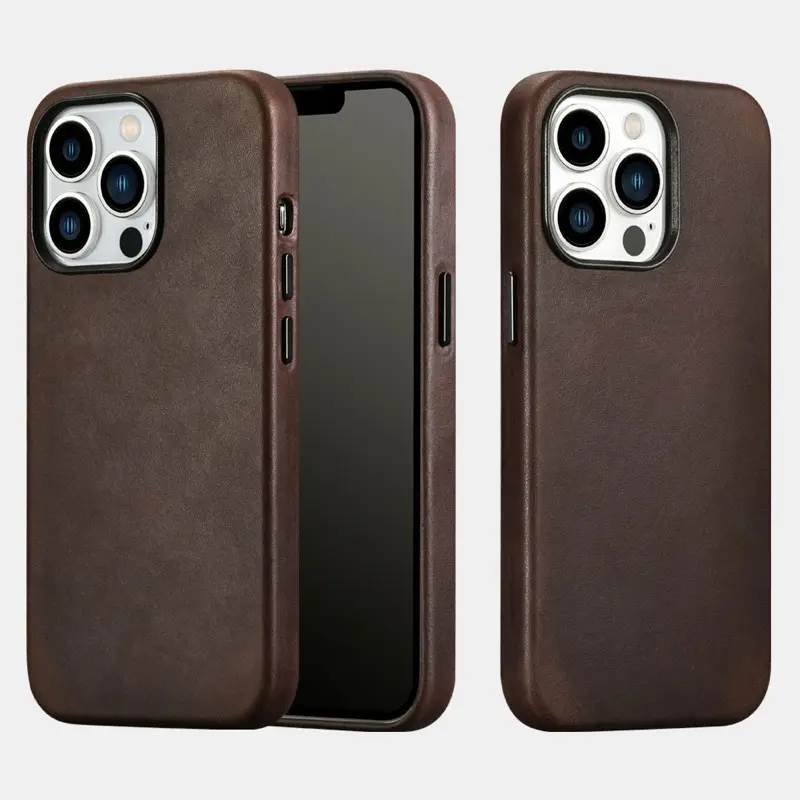 iPhone 16 - iCarer Oil Wax Premium en cuir véritable avec étui Magsafe brun foncé (WMI16240723-DG)