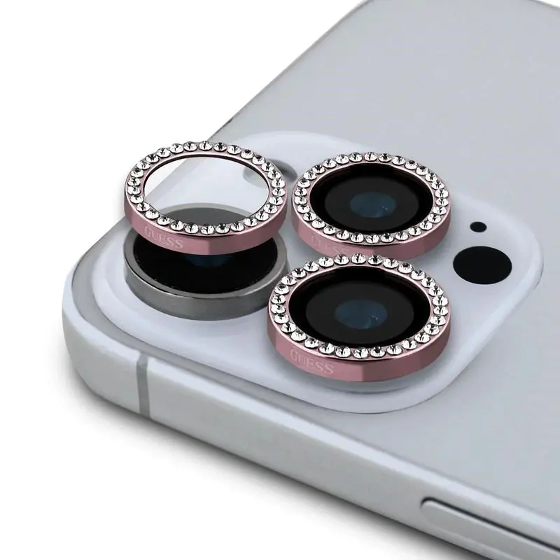 iPhone 16 Pro / iPhone 16 Pro Max - Guess Glitter Rhinestones Camera Lens 360 Grad, Pink