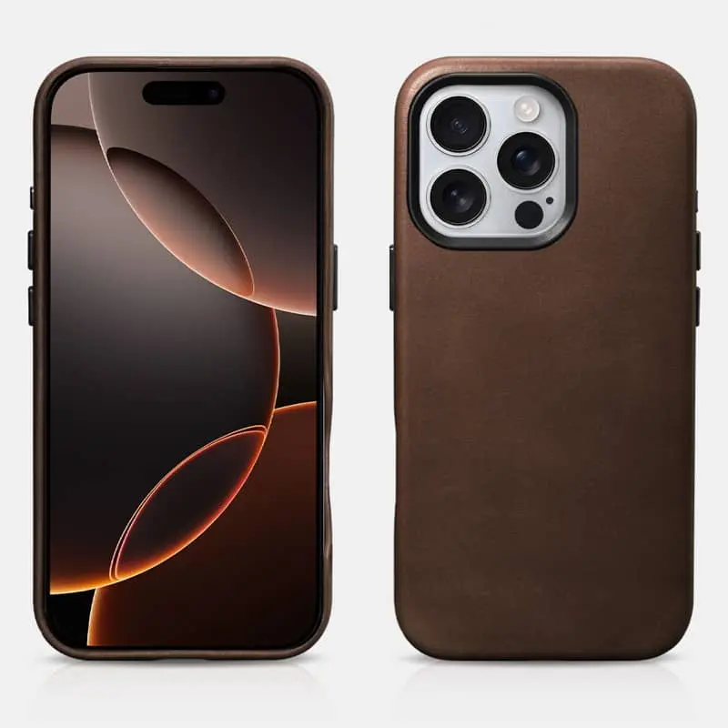 iPhone 16 Pro Max - iCarer Oil Wax Premium en cuir véritable avec étui Magsafe marron foncé (WMI16240704-BR)