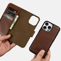 iPhone 16 Pro Max - iCarer Oil Wax Premium Genuine Leather Detachable 2 in 1 Wallet Flip Case with RFID Blocker, black – Bild 8