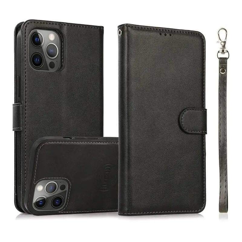 iPhone 17 Pro - Magnetisches 2in1 Klapphülle mit Kartenfächern & Handgelenkband, schwarz