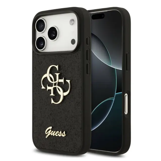 iPhone 18 Pro / 17 Pro – Guess Glitter Case with Metal Logo, Black GUHCP18LHG4SGK