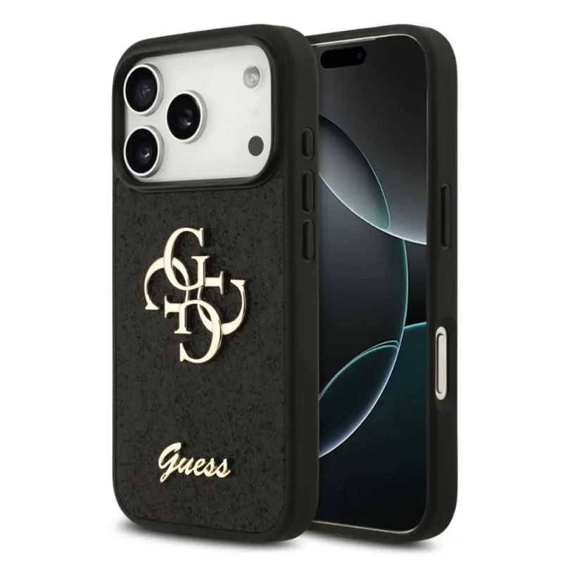 iPhone 18 Pro / 17 Pro – Guess Glitzer-Hülle mit Metall-Logo, Schwarz GUHCP18LHG4SGK