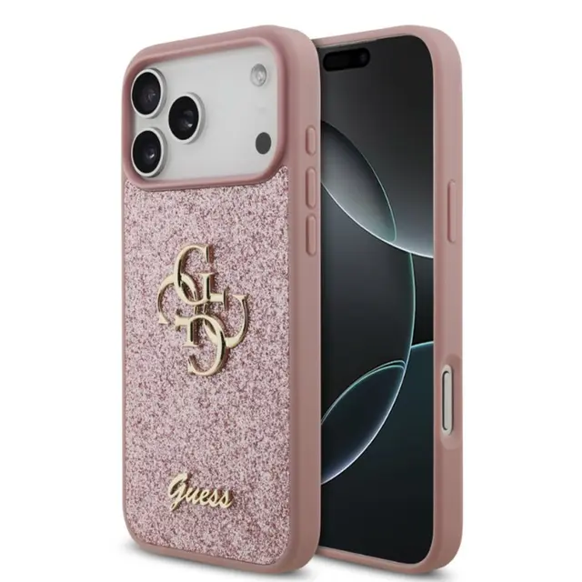 iPhone 18 Pro Max / 17 Pro Max – Coque Guess pailletée avec logo métallique, rose GUHCP18XHG4SGP