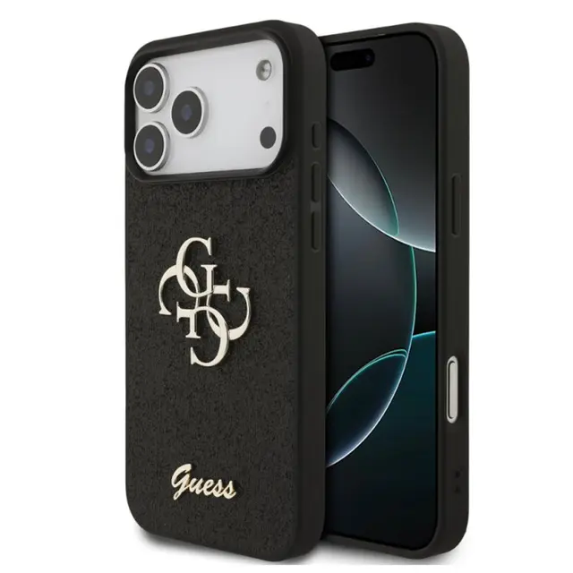 iPhone 18 Pro Max / 17 Pro Max – Custodia Guess glitter con logo in metallo, nero GUHCP18XHG4SGK