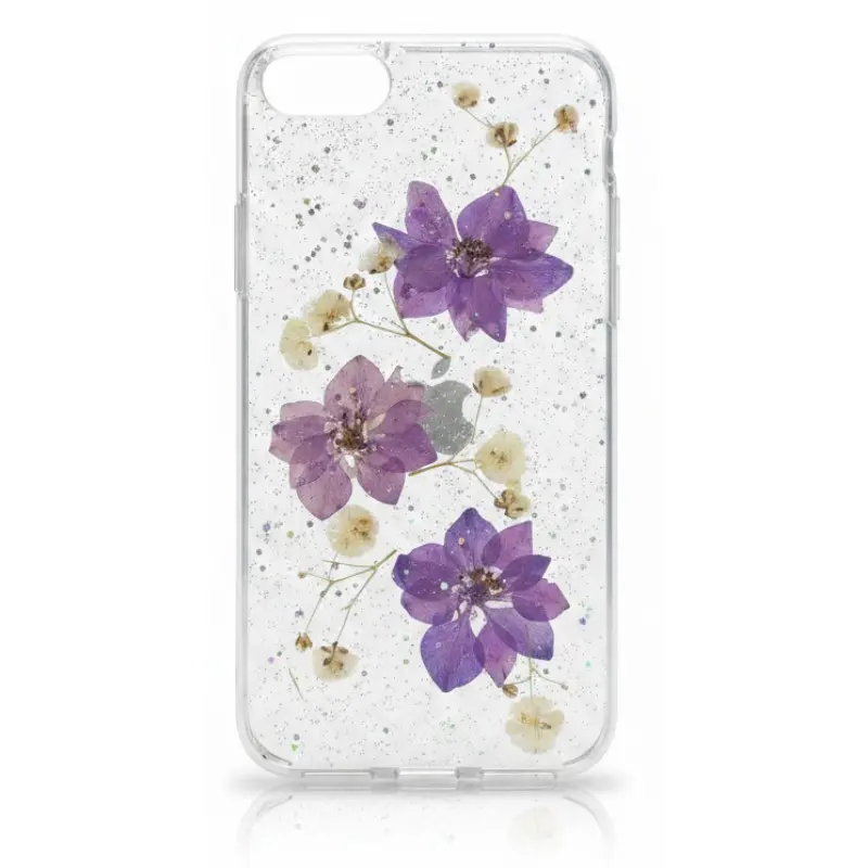 iPhone 6 / 7 / 8 - Hülle mit echten Blumen und goldenen Akzenten, violett
