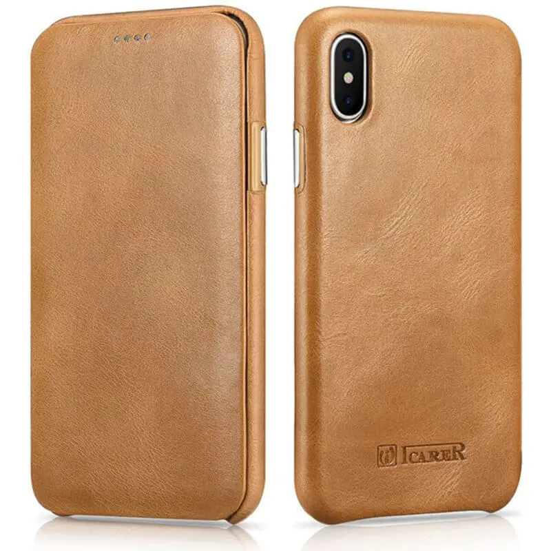 iPhone X / XS - iCarer Curved Edge Vintage Folio en cuir véritable RIX04-GG, Kaki