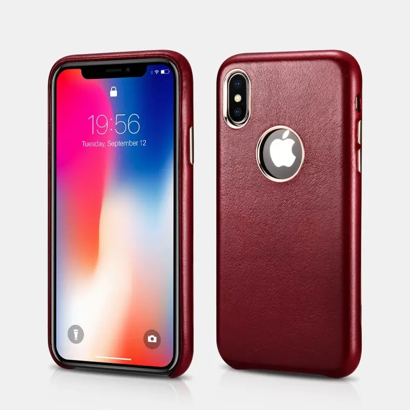 iPhone X/Xs - iCarer Retro Original Echtleder Etui Backcase (RIX13-BK), Weinrot