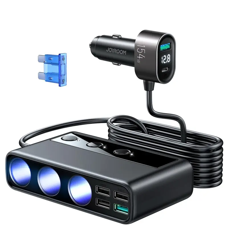 Joyroom - Autoladegerät, 210W Zigarettenanzünderadapter mit 3 Steckdosen und 6 USB-Ports (PD+QC3.0+USB*4), schwarz (JR-CL06)