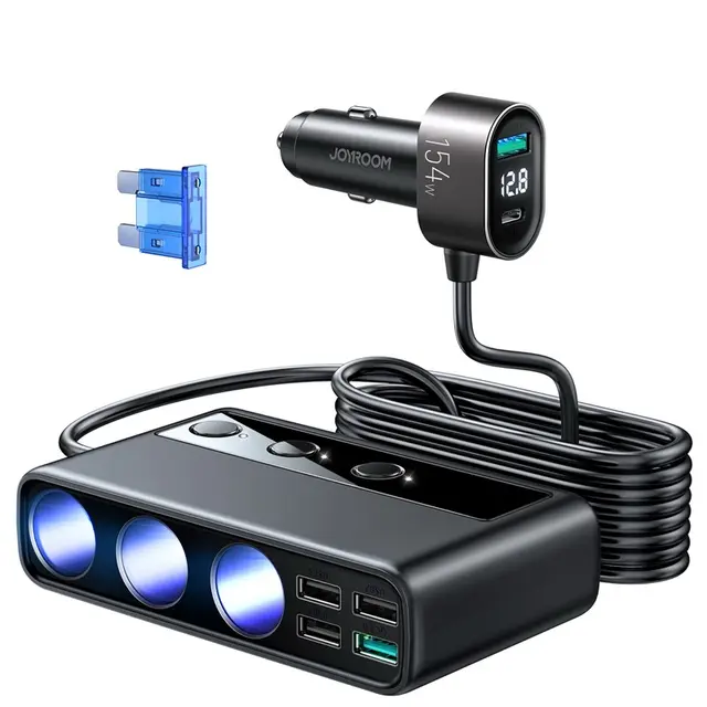 Joyroom - Autoladegerät, 210W Zigarettenanzünderadapter mit 3 Steckdosen und 6 USB-Ports (PD+QC3.0+USB*4), schwarz (JR-CL06)