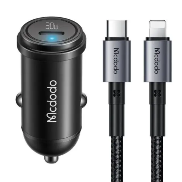 Mcdodo - 30W Fast Car Charger Kit - inkl. Lightning & USB-C 1.2m Kabel, schwarz
