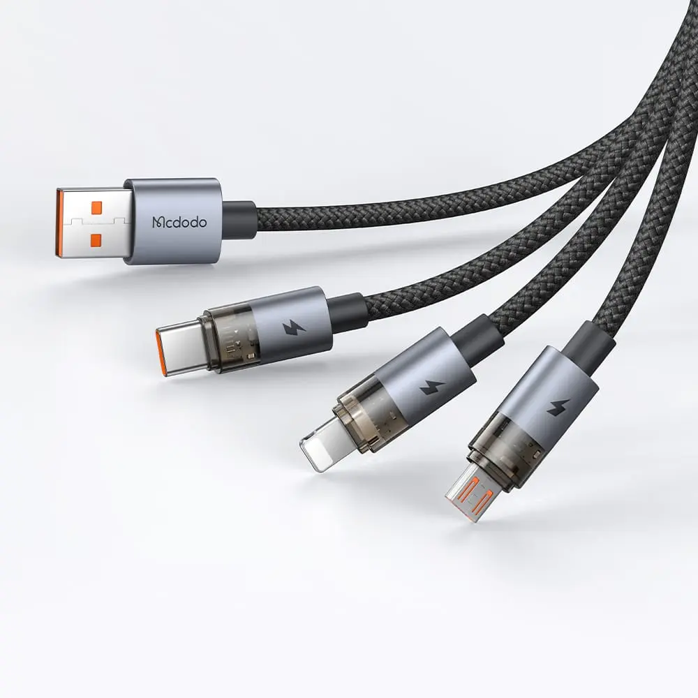 McDodo - Cavo trasparente 3 in 1, da USB-A a C + Lightning + Micro-USB, 1,2 m, nero