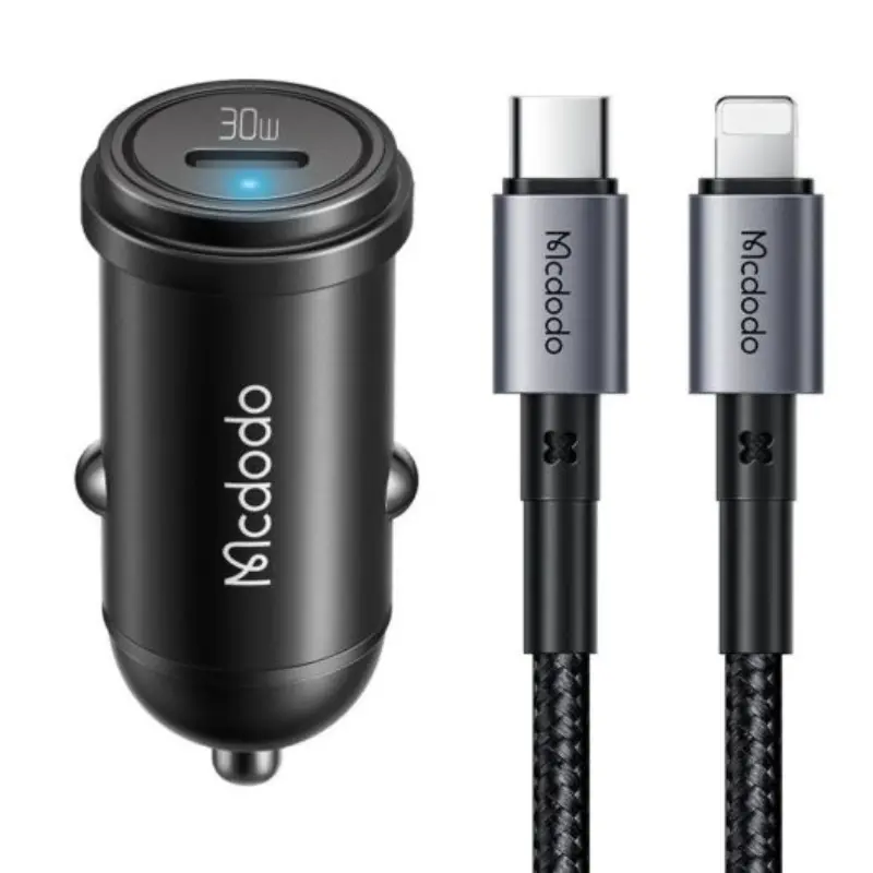 Mcdodo - Kit di ricarica rapida per auto da 30W - incl. cavo Lightning e USB-C da 1,2 m, nero