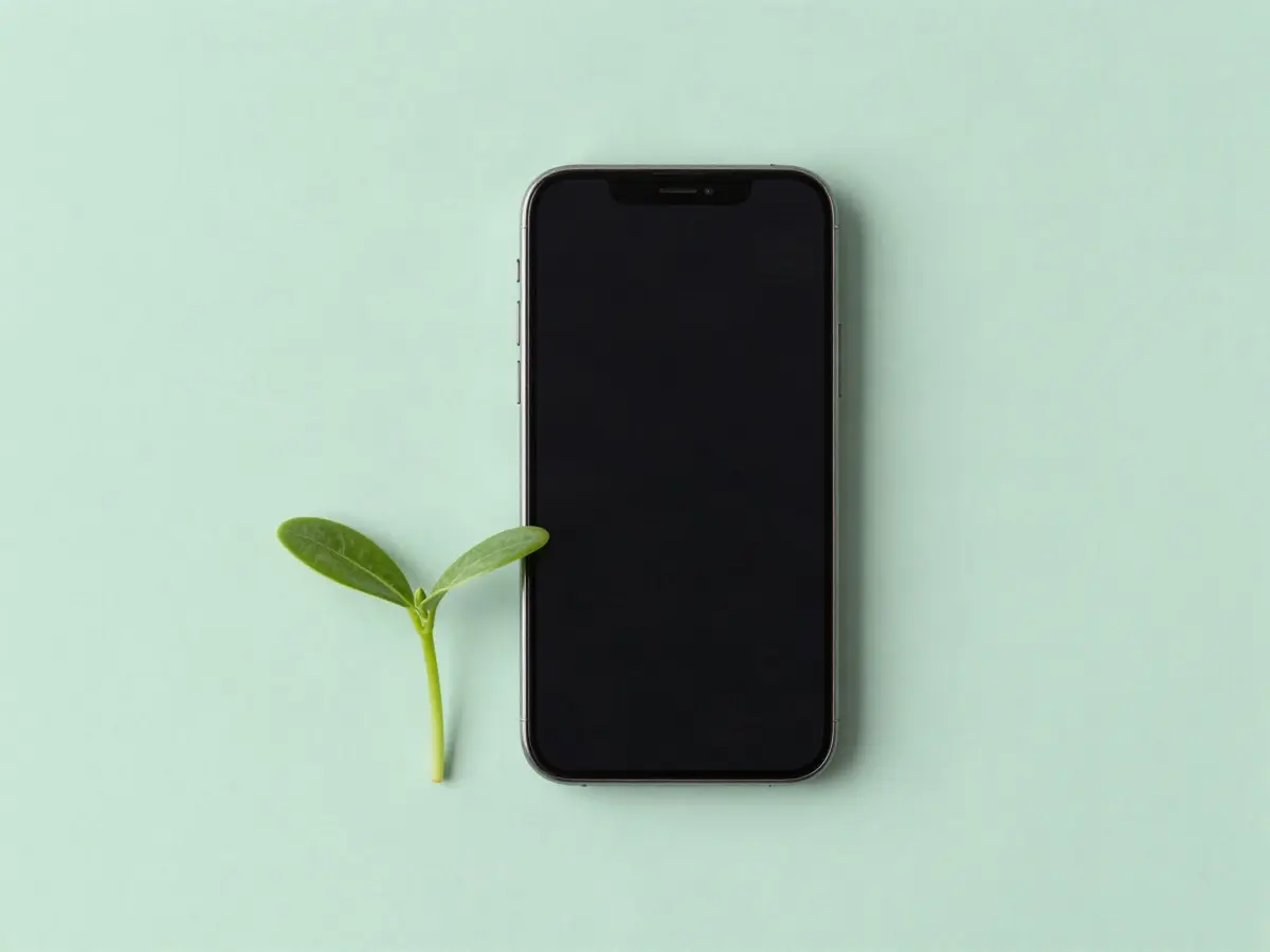 Smartphone neben einem jungen grünen Trieb – Symbol für Wiederverwendung und Kreislauf