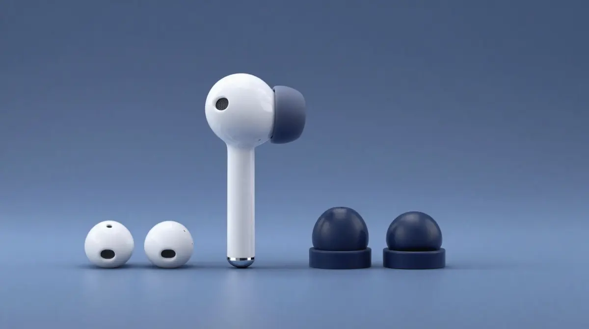 AirPods Pro mit vier Silikon-Ohrstöpseln in den Grössen XS, S, M und L auf dunklem Studio-Hintergrund