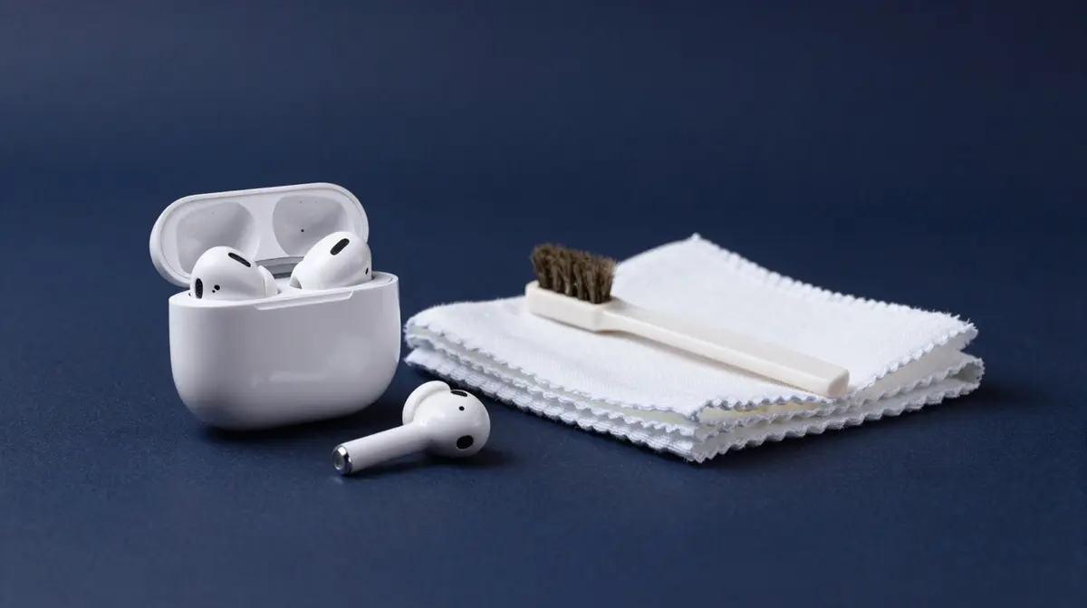 Weisse AirPods Pro mit geöffnetem Ladecase, Mikrofasertuch und weichem Pinsel auf dunkelblauem Studiohintergrund
