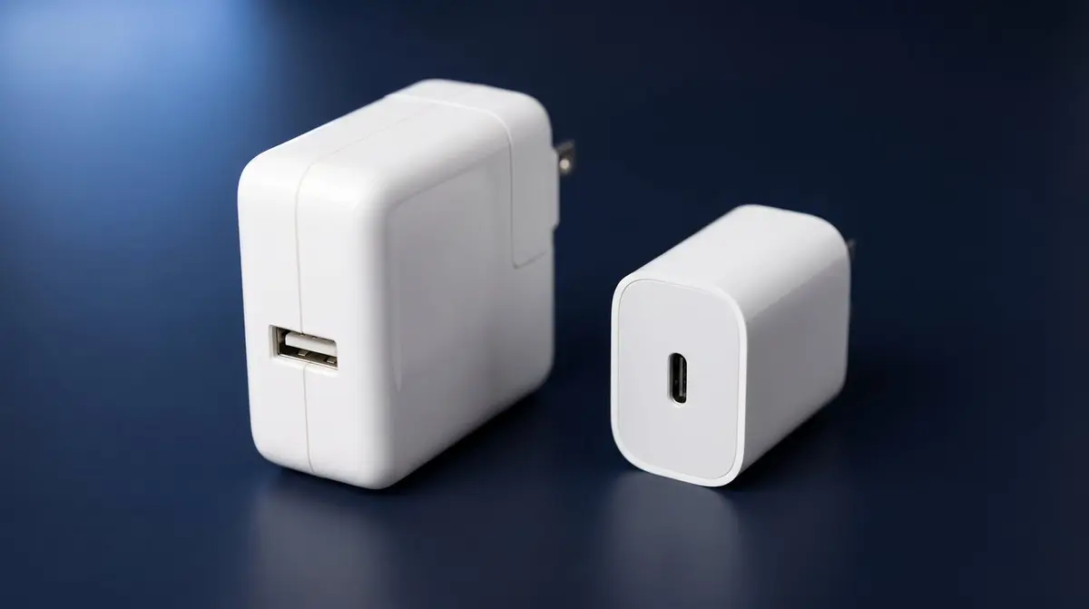 Altes weisses USB-A-Ladegerät neben einem kleinen USB-C-Netzteil