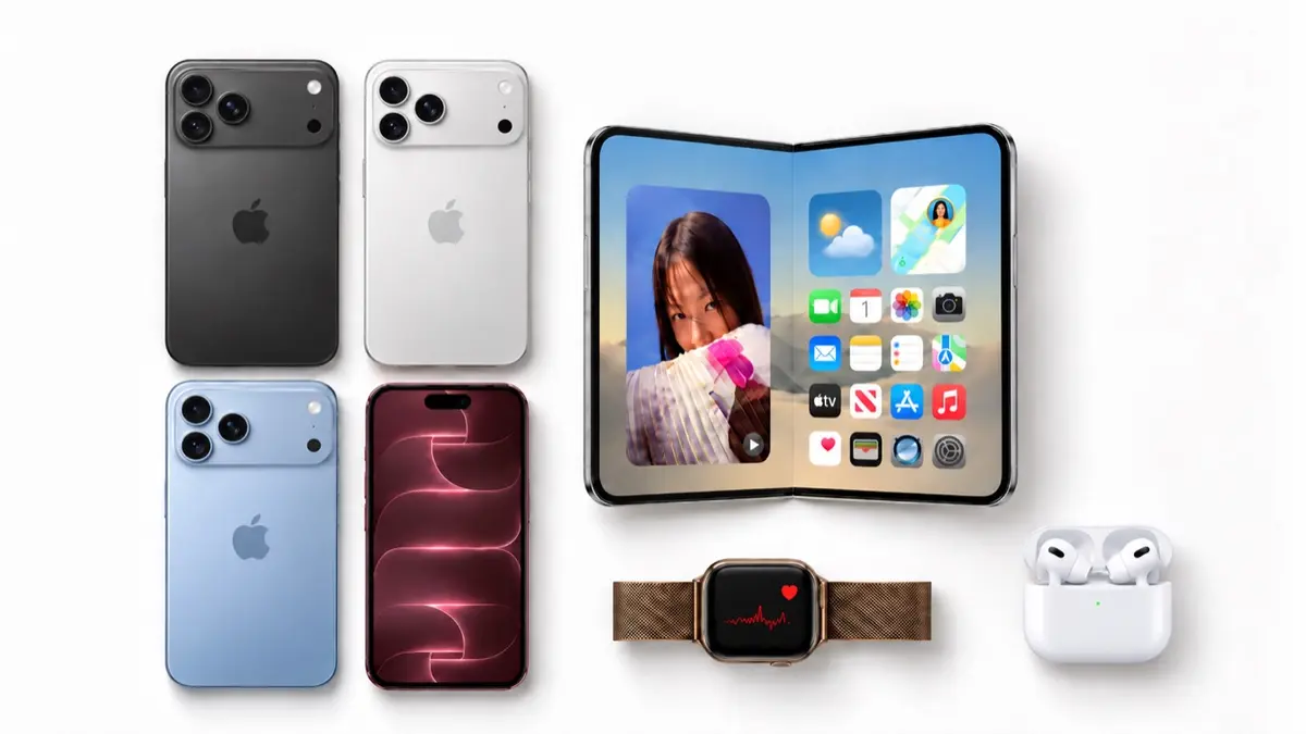 iPhone 18 Pro, faltbares iPhone Duo, Apple Watch und AirPods nebeneinander