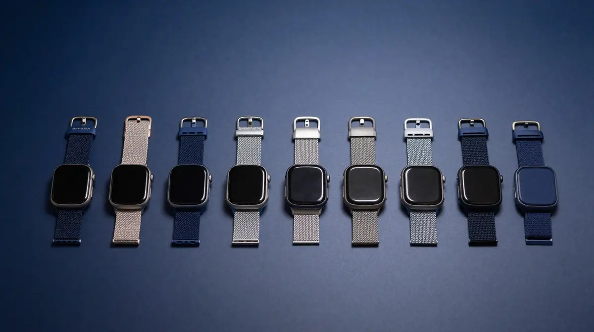 Mehrere Apple Watch Armbänder aus Sport, Milanese und Leder nebeneinander vor dunkelblauem Studiohintergrund