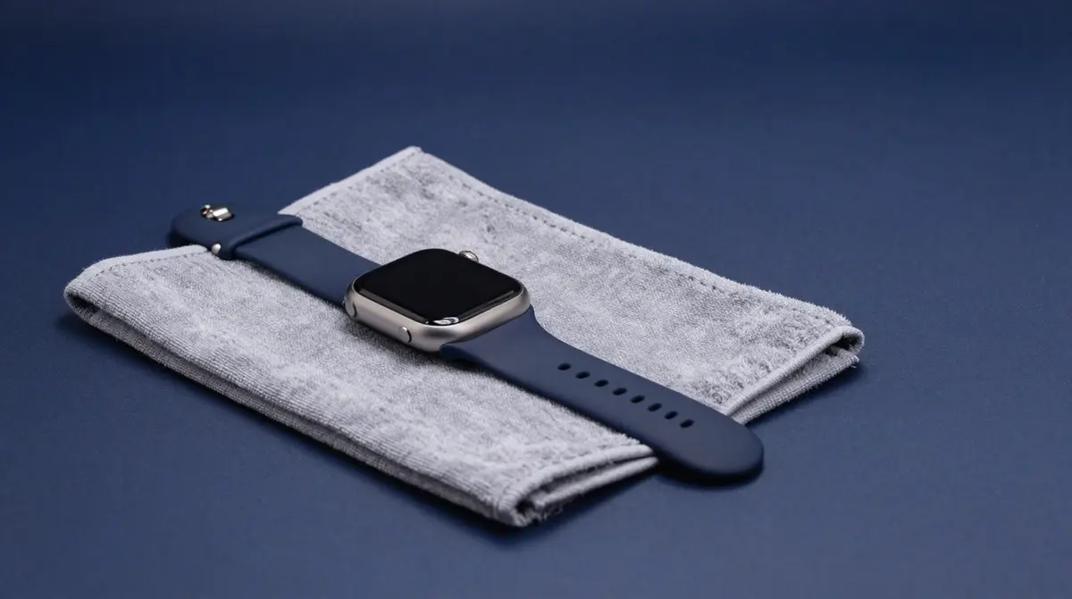 Apple Watch liegt mit dem Display nach unten auf einem weichen Tuch, daneben ein neues Sportarmband zum Wechseln.
