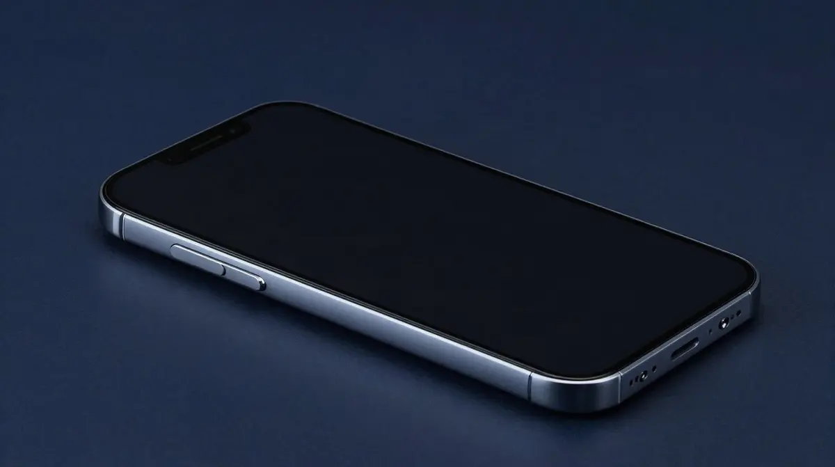 Smartphone mit Blickschutzfolie, von der Seite betrachtet dunkles Display, frontal lesbar, auf dunkelblauem Studiohintergrund