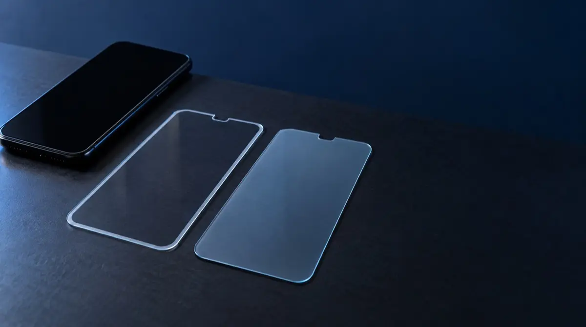 Zwei Panzergläser neben einem Smartphone: eines mit Kleberahmen am Rand (Edge Glue), eines vollflächig klebend (Full Glue)