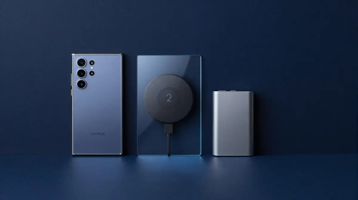 Samsung Galaxy S25 Ultra mit Schutzhülle, Panzerglas, Qi2-Ladegerät und Powerbank auf dunklem Studiotisch angeordnet