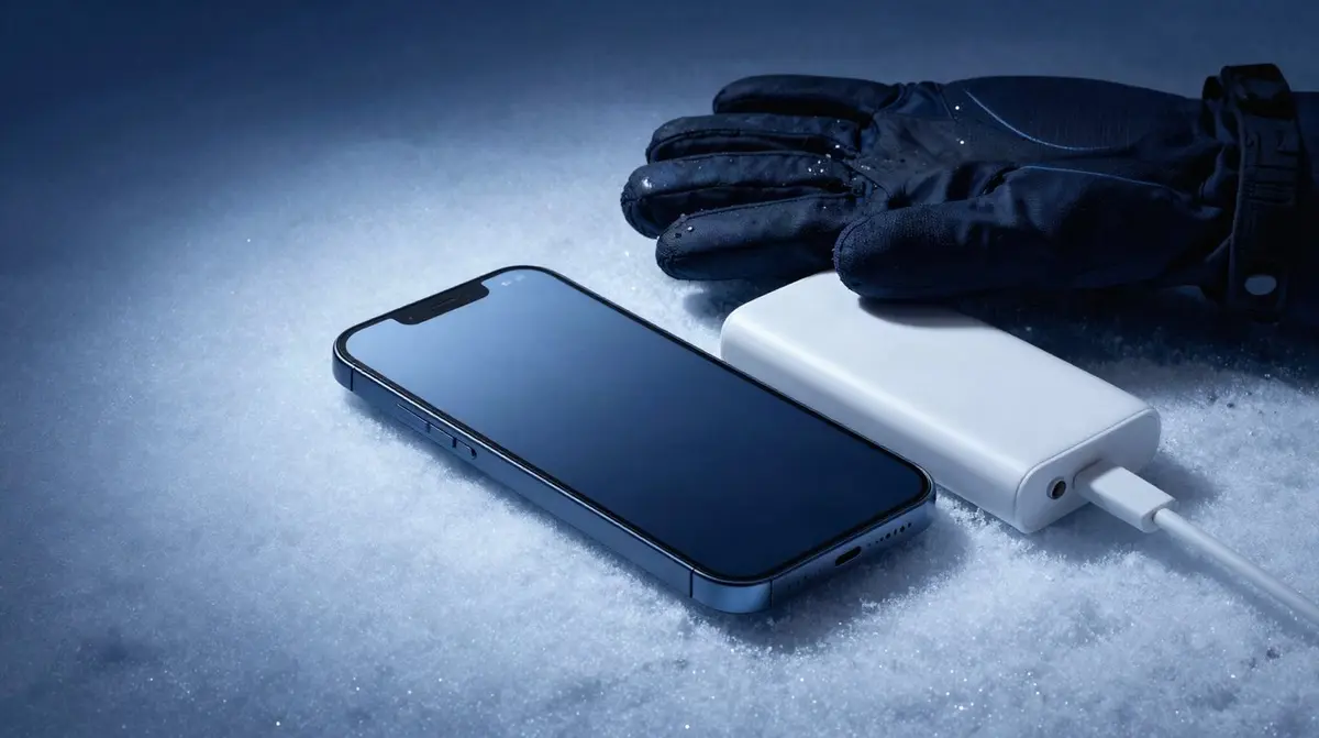 Smartphone mit Handschuhen und Powerbank im Schnee bei winterlichem Licht auf dunkelblauem Hintergrund